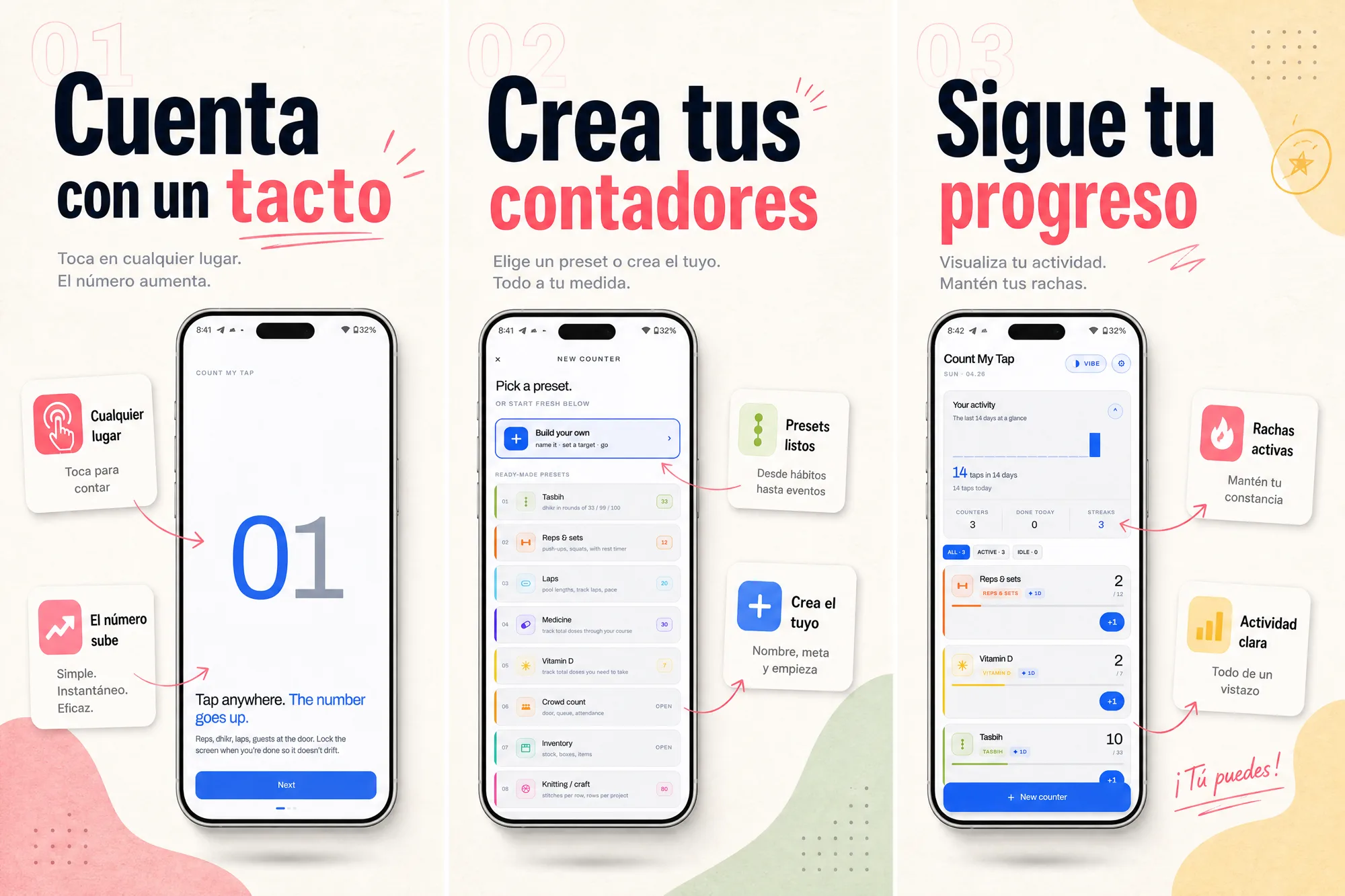 Count My Tap screenshots localized in Spanish